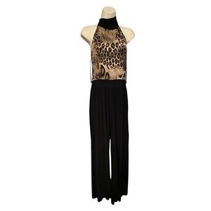 Nordstrom black size 12 halter jumpsuit  leopard top high slit legs tag removed
